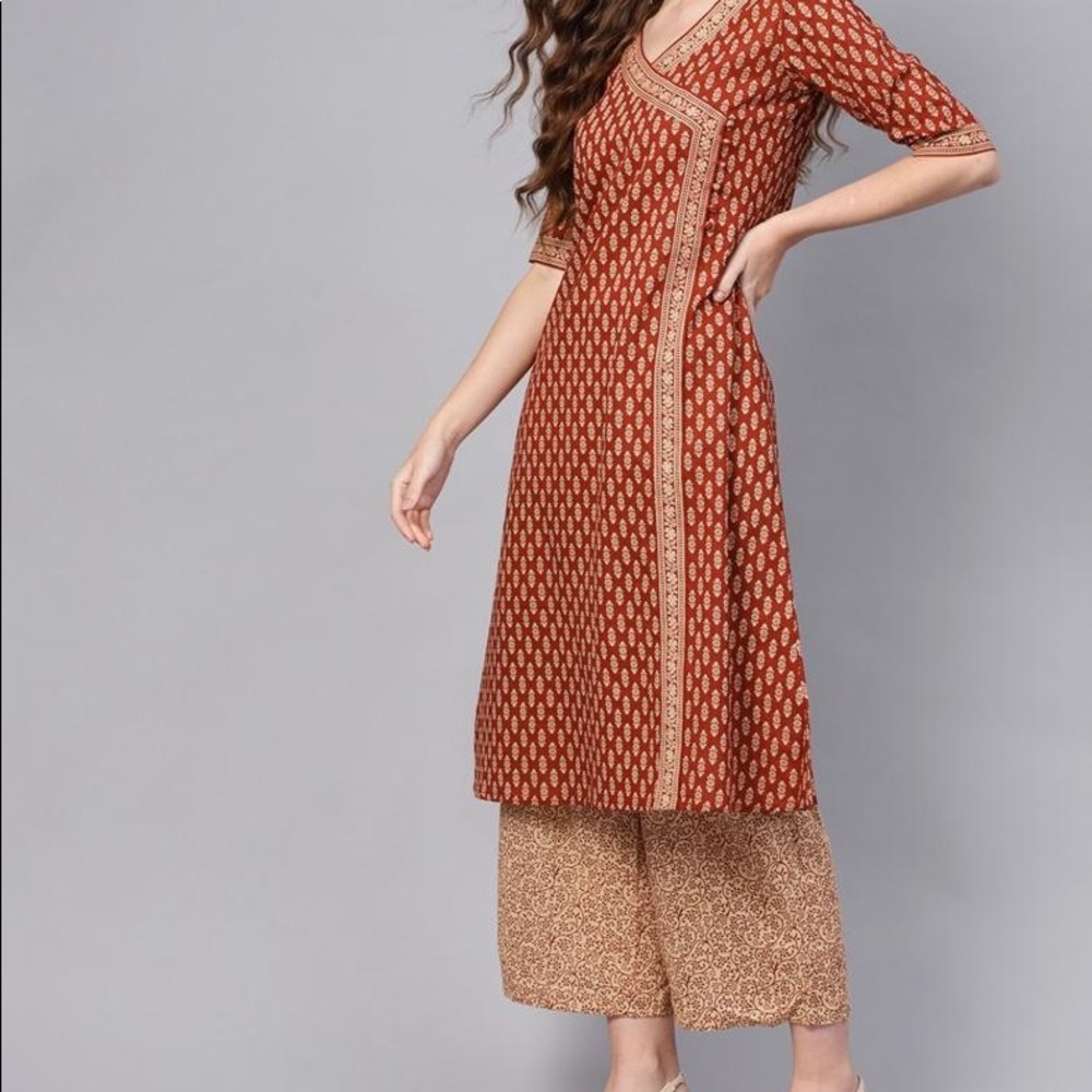 Indo Era Maroon & Beige Printed Anghrakha Kurta with Plazzos & Dupatta - Picture 11 of 14